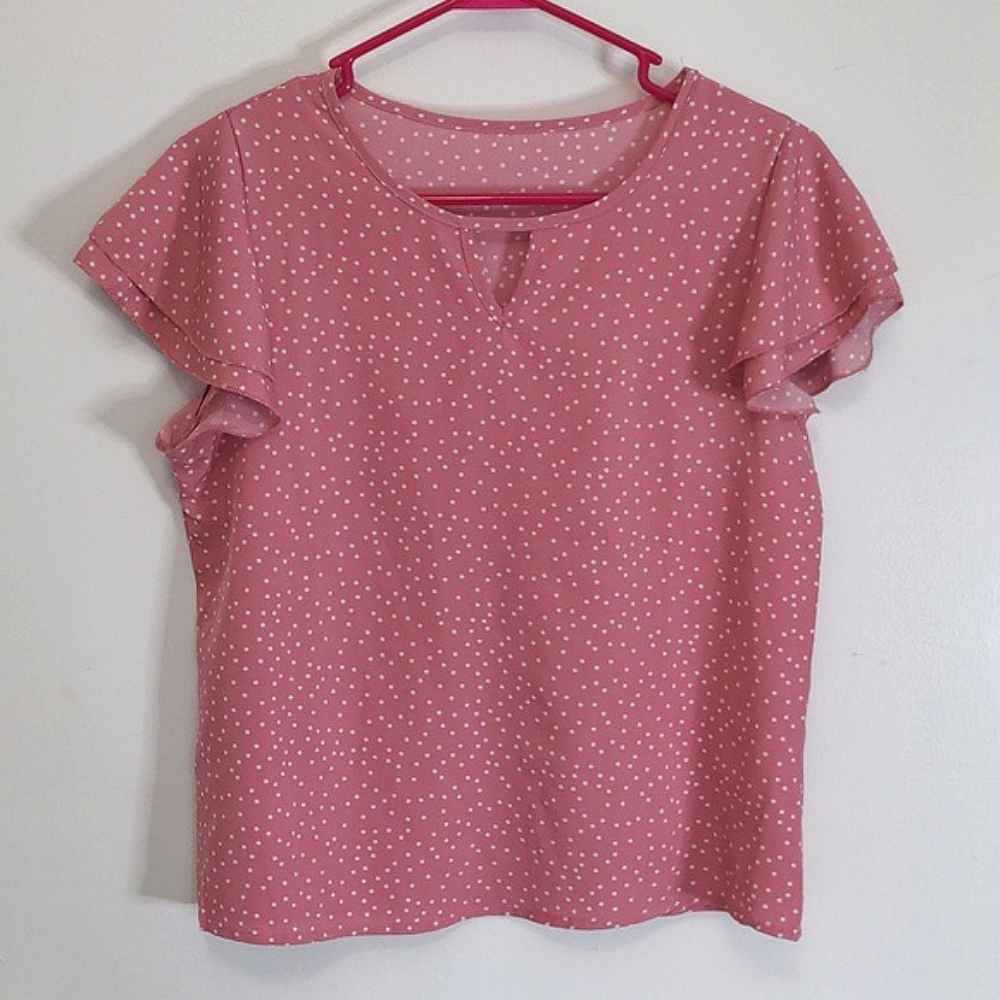 Pink + white polka dot blouse ruffle top
